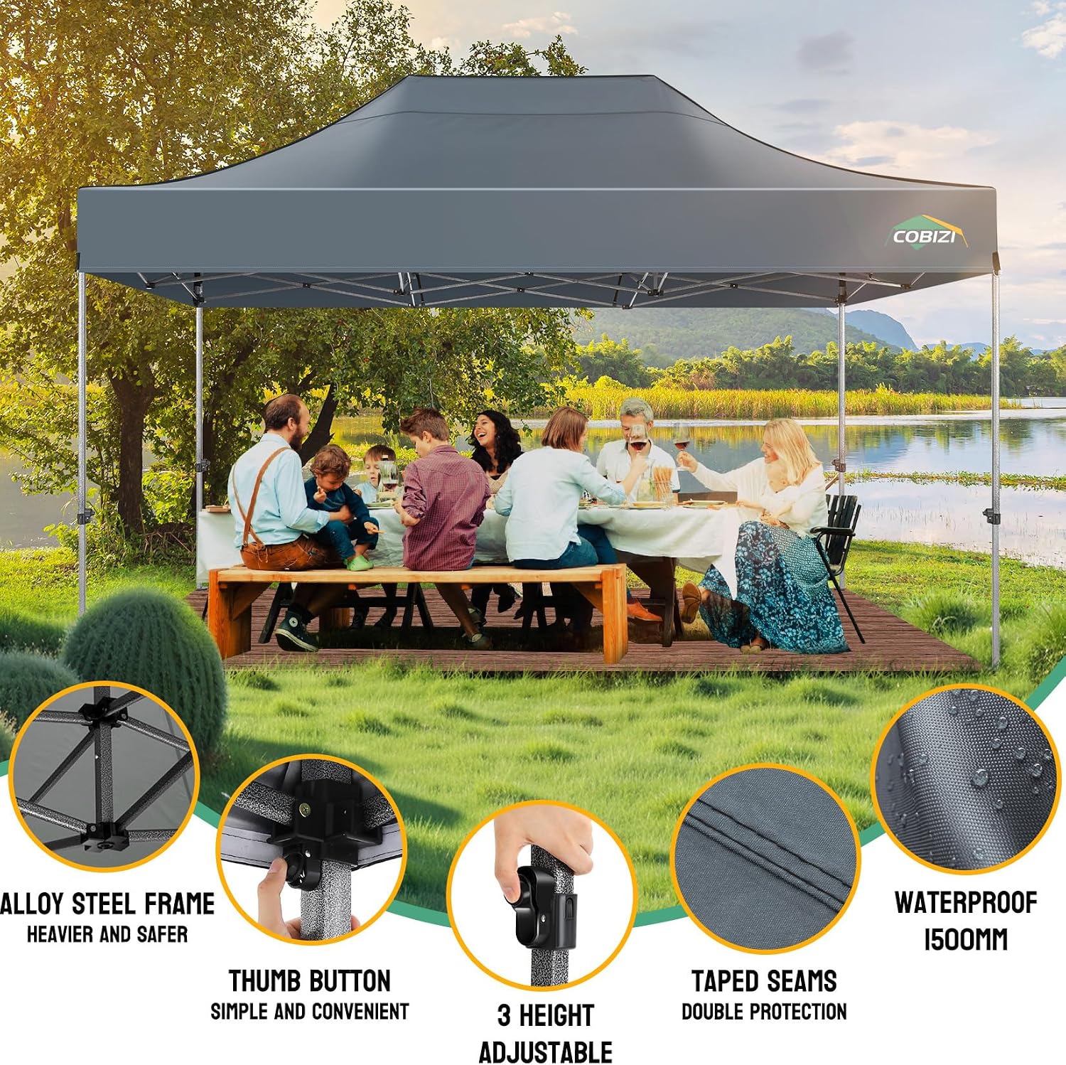 COBIZI 10x15 Pop up Canopy Tent Heavy Duty, Easy Set-up Commercial Outdoor Party Tent, 100% Waterproof Wedding Tents Gazebo, 3 Height Adjustable with Wheeled Bag, Gray