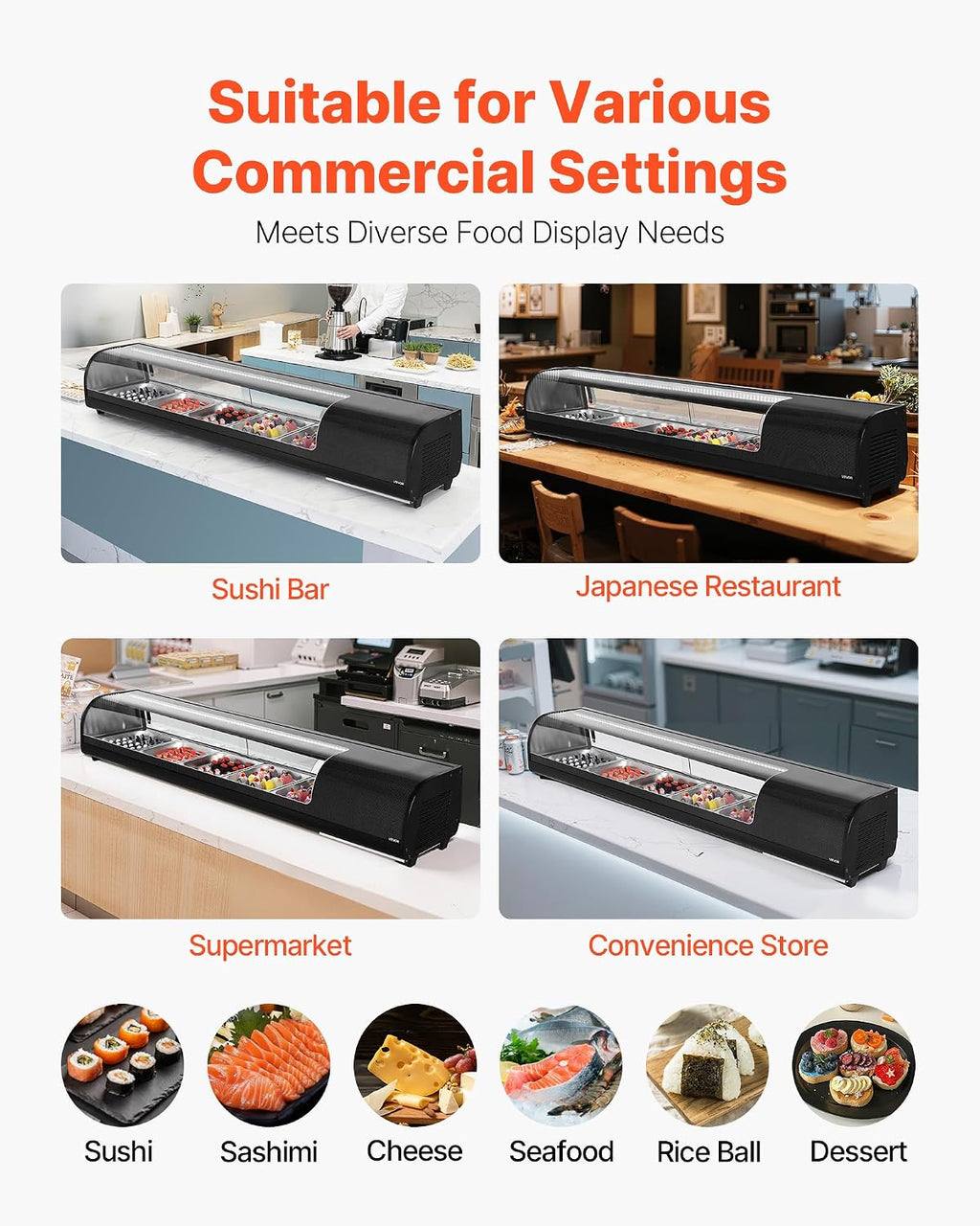 VEVOR Sushi Display Case Refrigerator, 2.9 Cu.ft Commercial Sushi Case, 5-Pan Countertop Showcase with Curved Glass, LED Lighting, and Digital Temperature Control, for Sushi-Bar, Restaurant, Store