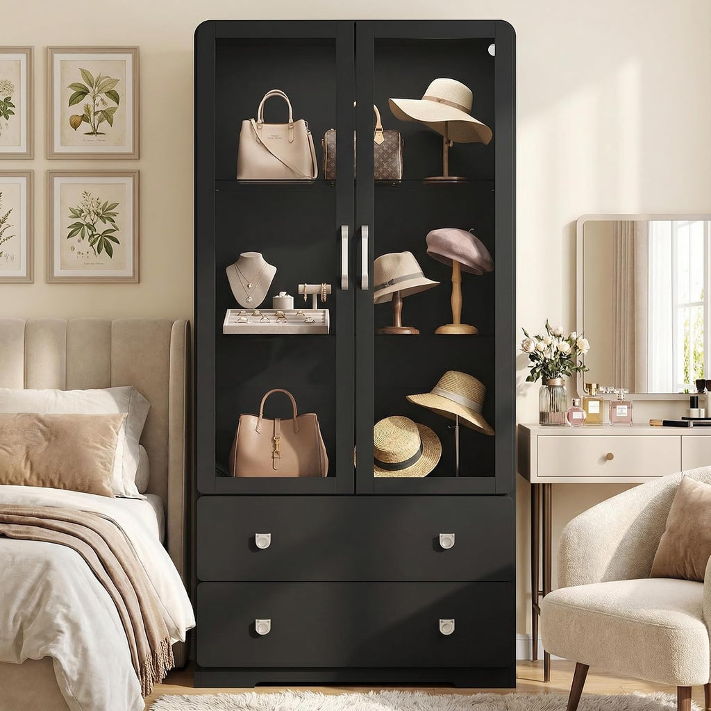 RoyalCraft 64' Tall Display Cabinet with 2 Storage Drawers and Acrylic Doors, Wooden Frame Curio Cabinet with LED Lights, 3-Tier Adjustable Glass Display Case for Collectibles, Living Room, Black