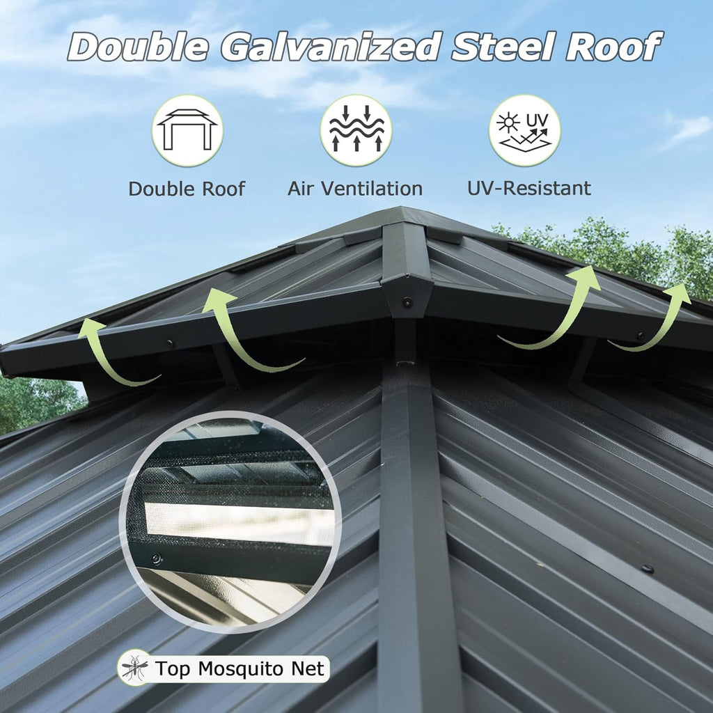 Domi 10' x 10' Hardtop Gazebo Outdoor Metal Gazebo with Galvanized Steel Double Roof Canopy, Curtains and Netting for Patio, Backyard, Deck, Lawn, Grey