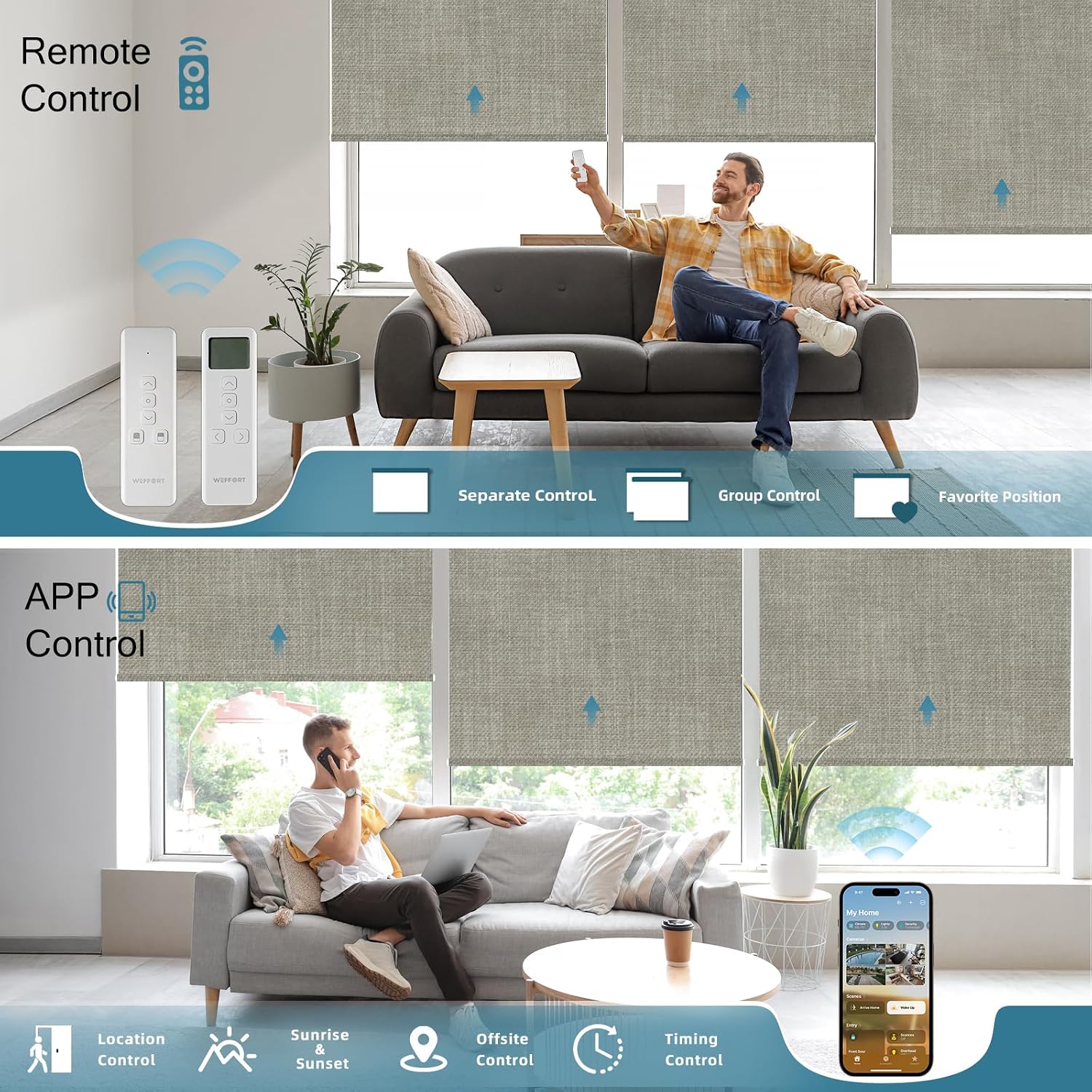 Motorized Roller Shade, 100% Blackout Smart Window Blinds Work with Homekit, Alexa, Google Home, Remote Control, Electric Blinds with USB/Solar Pannel Charging, Gentle Sage