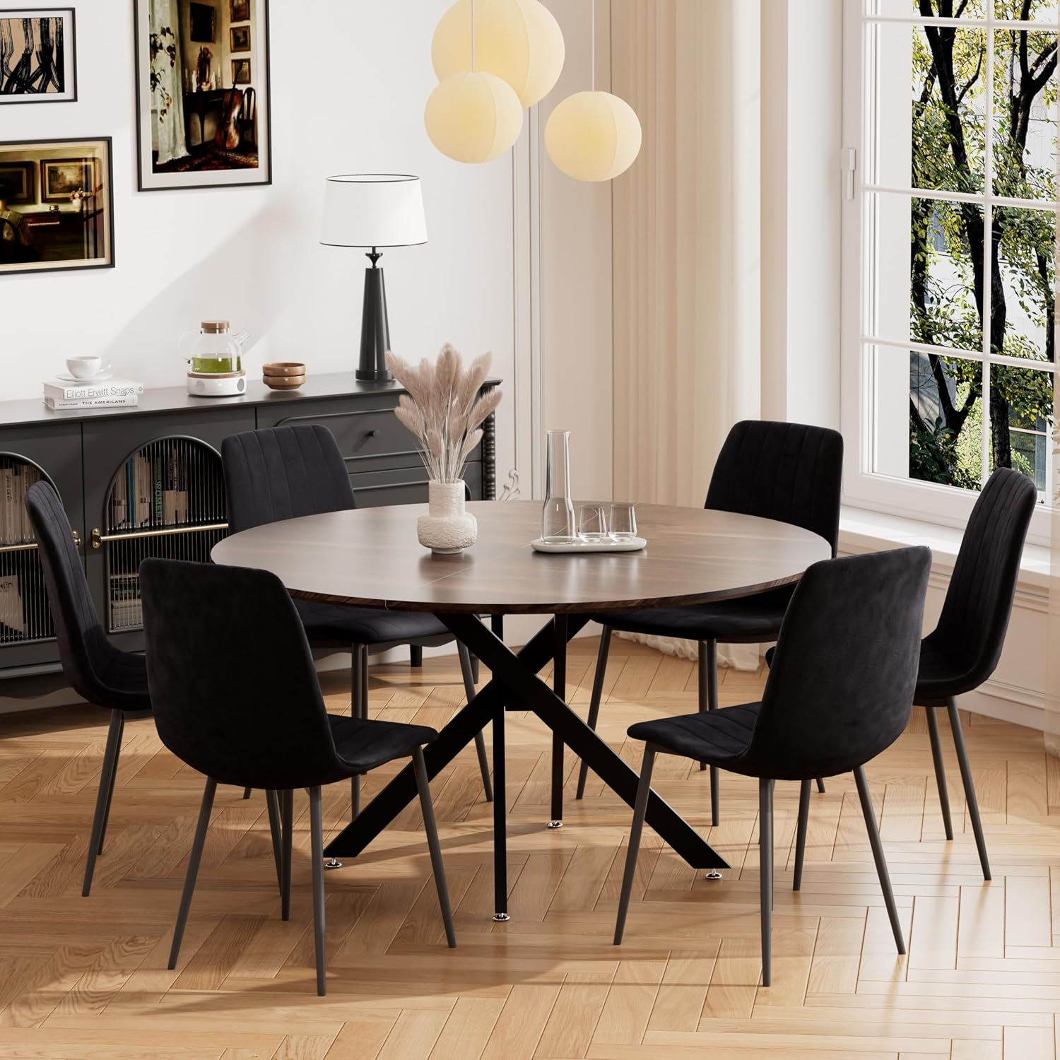 RGZ 47' Round Table Set for 6, 7 PCS Modern Wooden Circle Dining Table for 2-6, Walnut Round Dining Table with Steel Legs & 6 Black Velvet Upholstered Chairs for Dining Room, Living Room, Kitchen