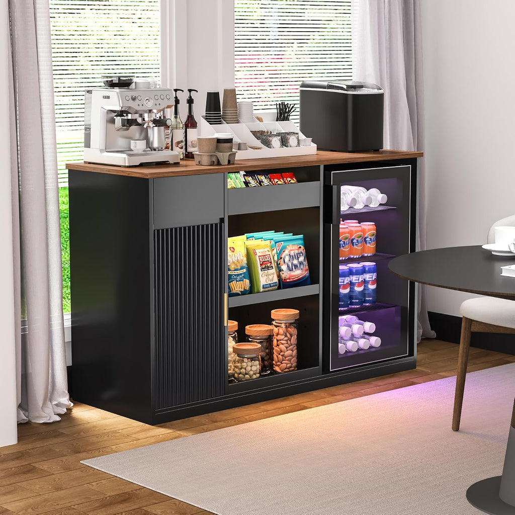 GDLF Snack Bar Cabinet with Fridge Space, Snack Organizer with Storage and Candy Display Shelf, Coffee Station for Home Theater or Game Room, 51.2' L，Black