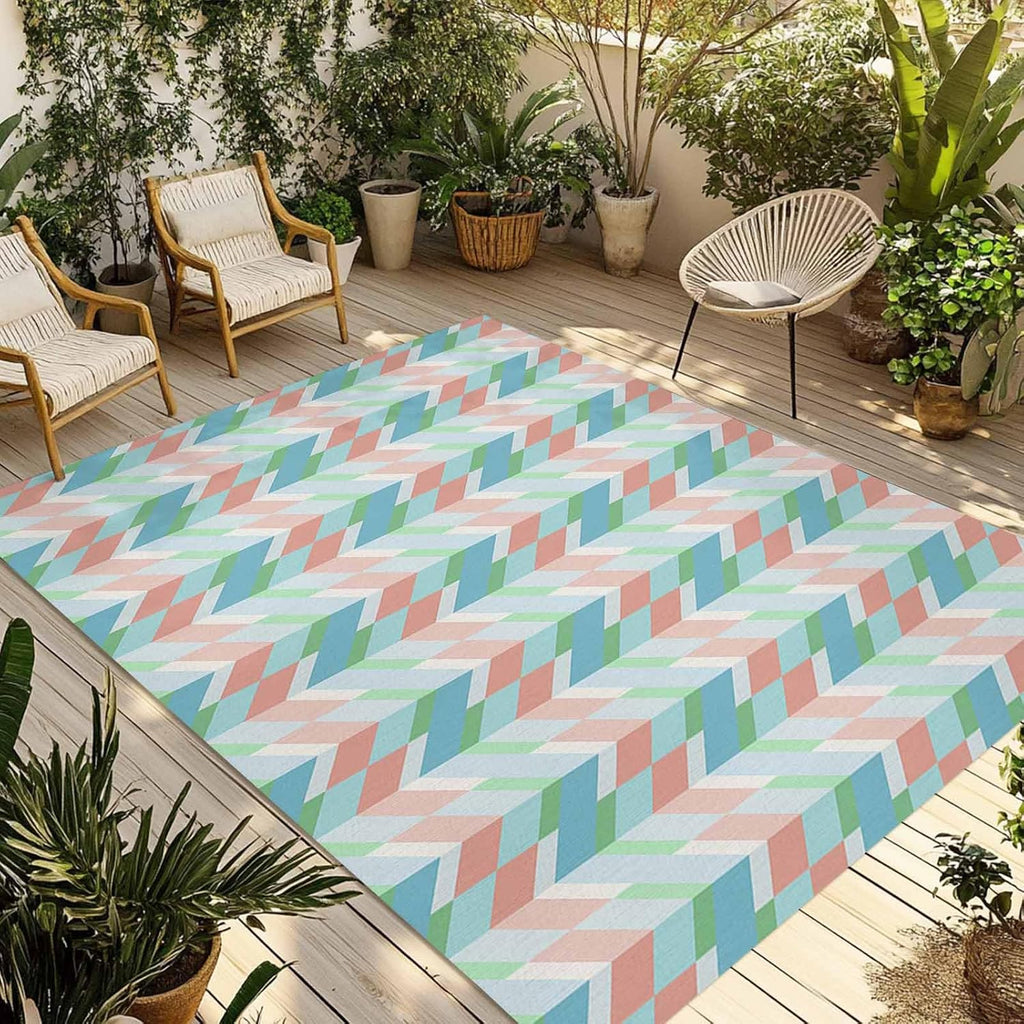 Outdoor Rug 4x6ft Abstract Geometric Herringbone Colorful Art Patio Area Rugs Waterproof Easy Cleaning Non Shedding Thick Mats Simplistic Carpet for Indoor Outdoor Porch Deck Backyard Balcony