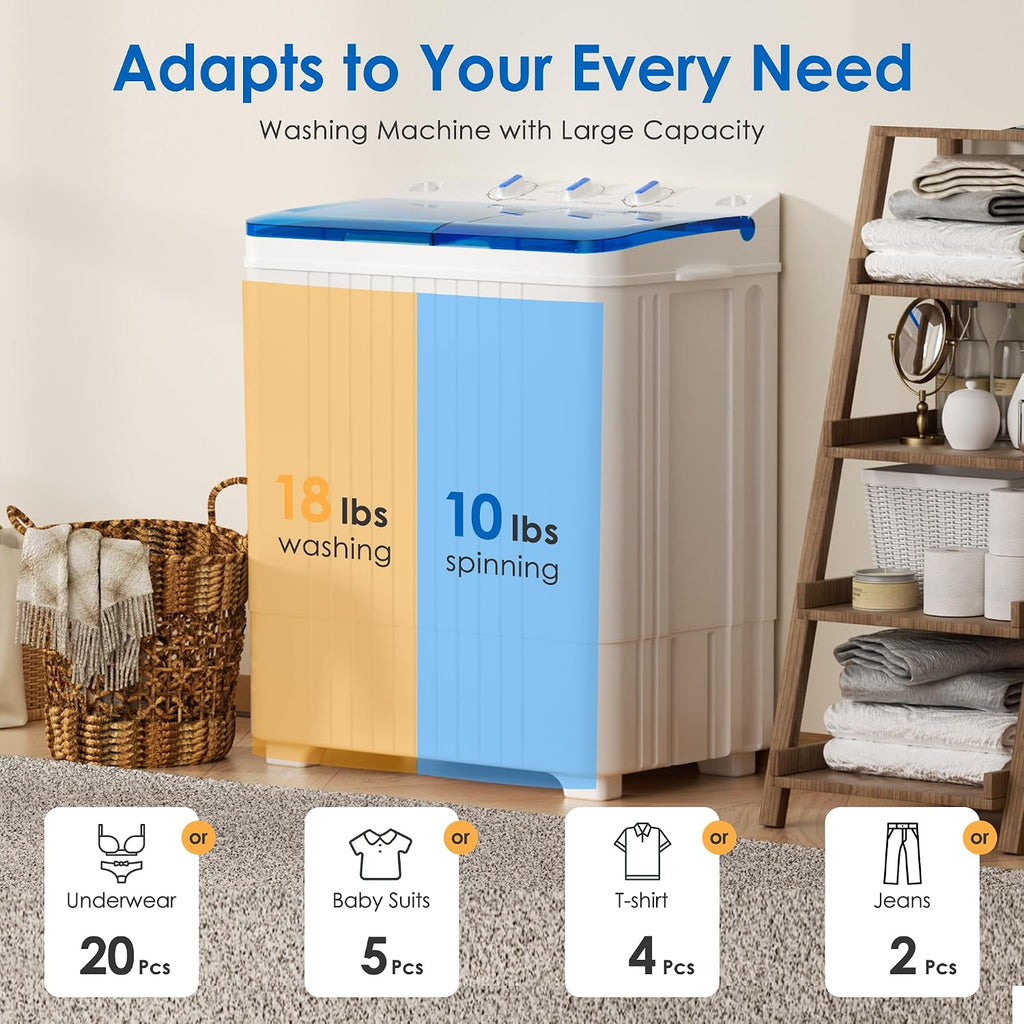 INTERGREAT Portable Washing Machine, 28lbs Compact Twin Tub Washer (18lbs) and Dryer (10lbs) Combo with Timer Knobs, Mini Laundry Washer for Apartments, Dorm, RV, Camping, Blue