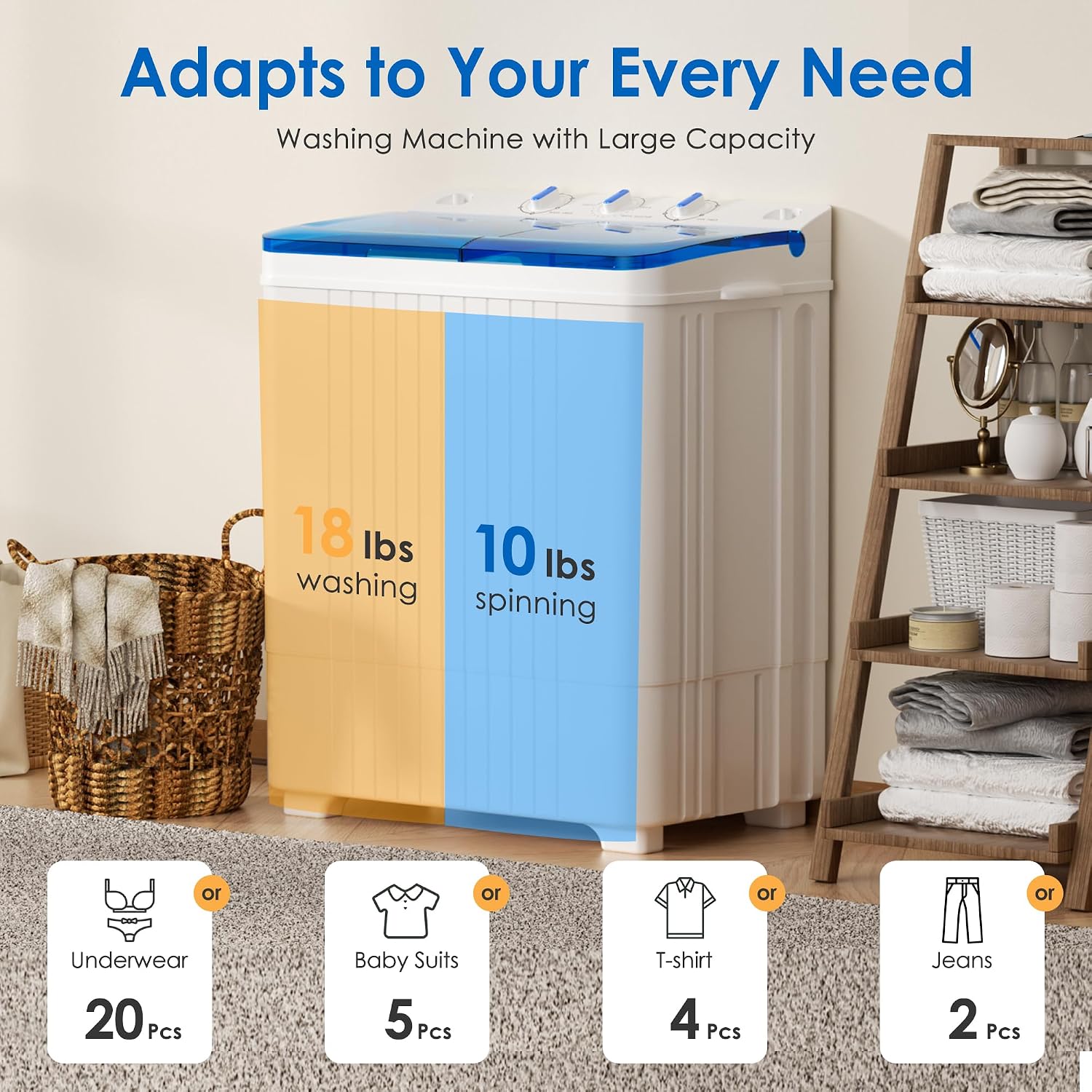 INTERGREAT Portable Washing Machine, 28lbs Compact Twin Tub Washer (18lbs) and Dryer (10lbs) Combo with Timer Knobs, Mini Laundry Washer for Apartments, Dorm, RV, Camping, Blue