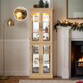 Lighted Curio Cabinet 71' Vintage Glass Display Case with Adjustable Shelves, 4 Tempered Glass Doors, Bulb Included, Wooden Square Wine Bar China Cabinet for Living Room Liquor Storage (Light Oak)