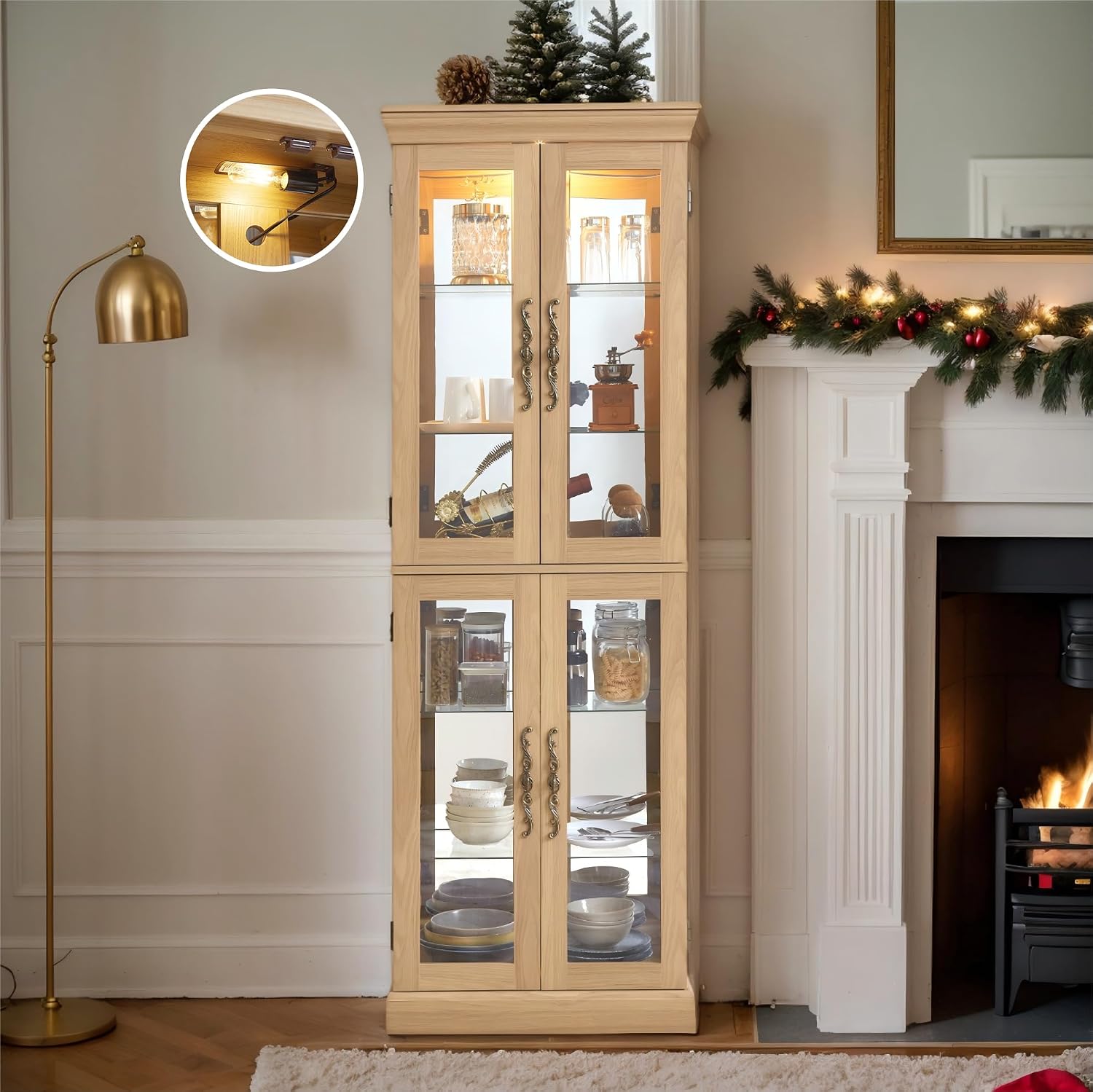 Lighted Curio Cabinet 71' Vintage Glass Display Case with Adjustable Shelves, 4 Tempered Glass Doors, Bulb Included, Wooden Square Wine Bar China Cabinet for Living Room Liquor Storage (Light Oak)
