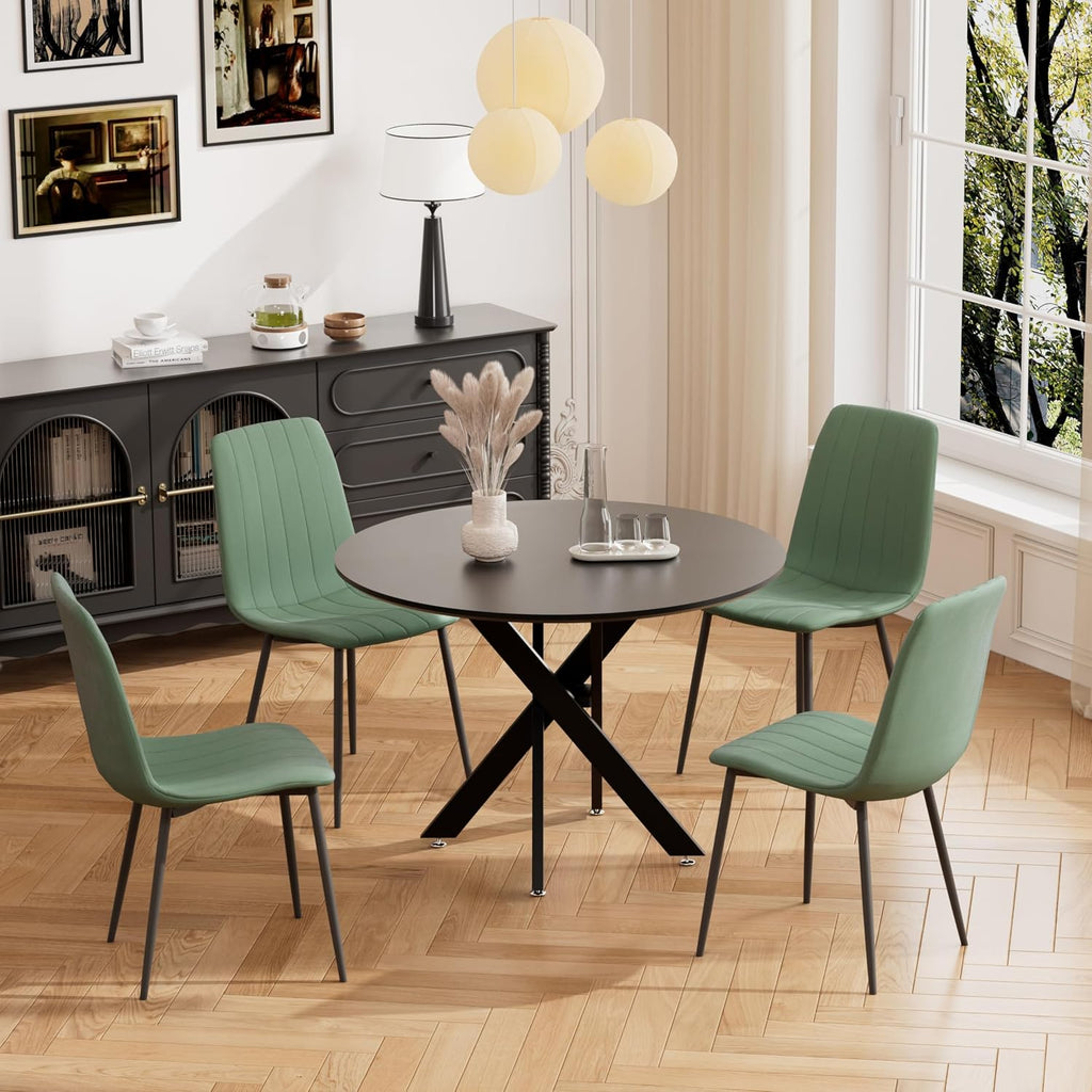 RGZ 36' Round Dining Table Set for 4, 5 PCS Modern Wooden Black Circle Kitchen Table with Steel Legs & 4 Green Velvet Upholstered Chairs for Dining Room, Living Room, Kitchen