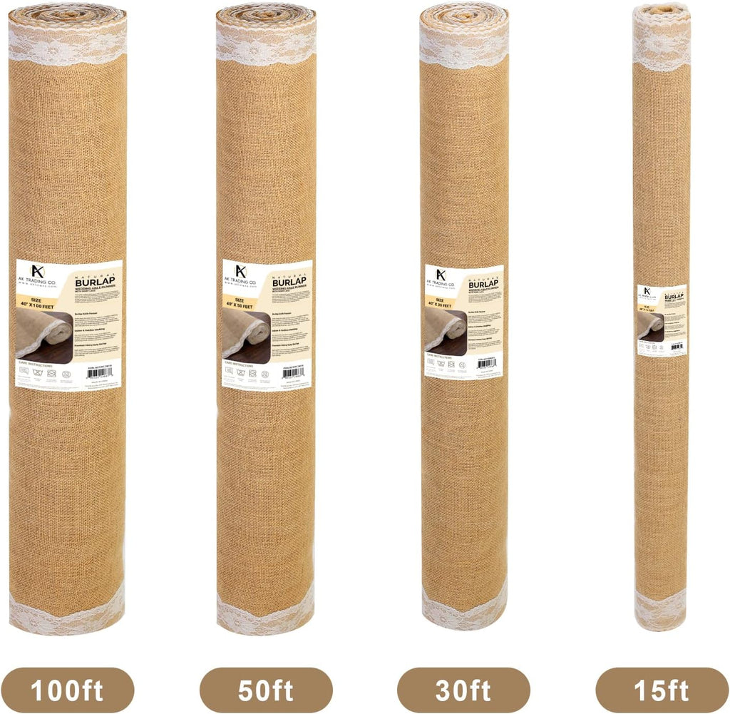 AK TRADING CO. 40' Wide Natural Burlap Wedding Aisle Runner with Ivory Lace - 40' Wide x 50 feet Long
