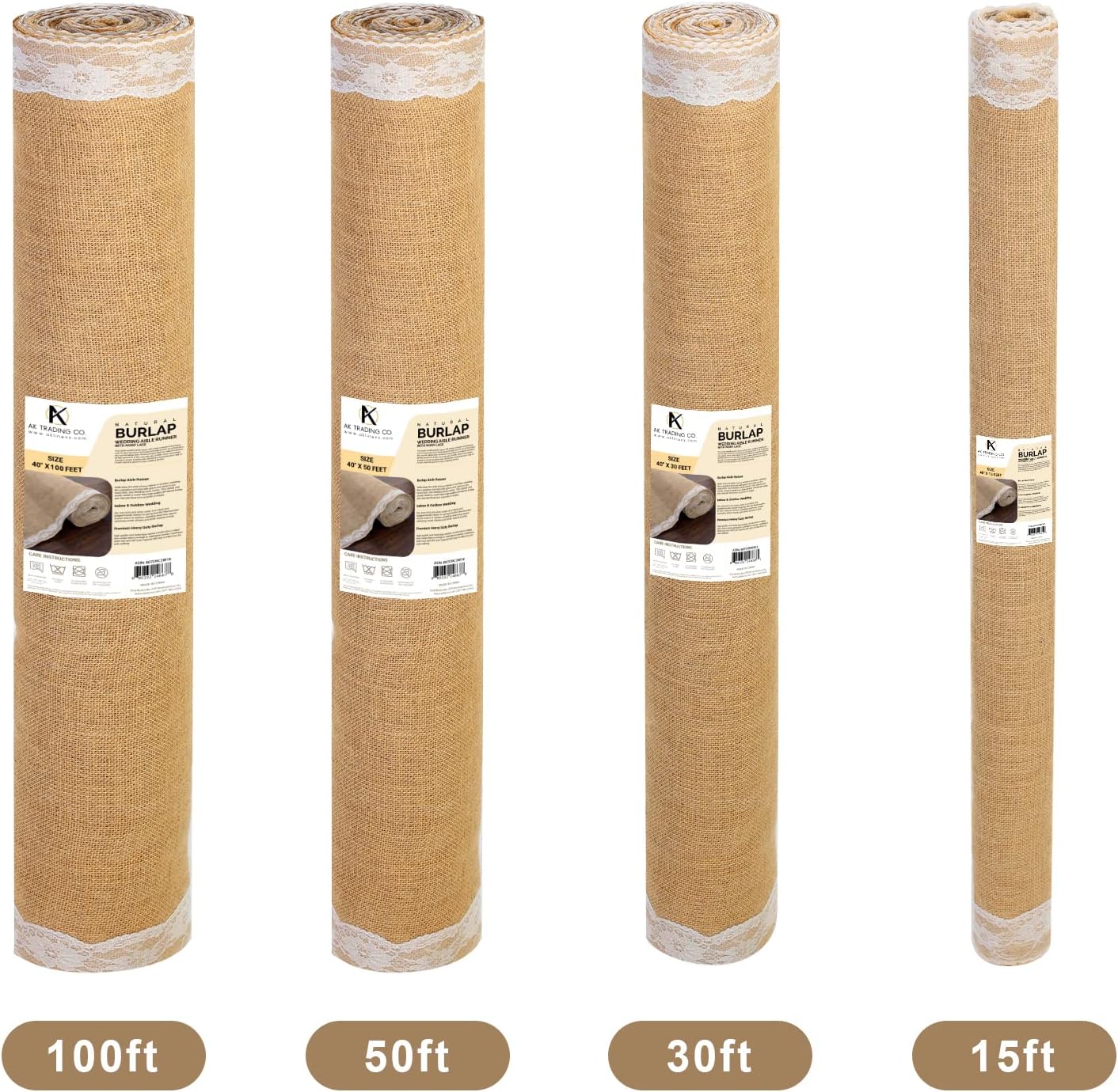 AK TRADING CO. 40' Wide Natural Burlap Wedding Aisle Runner with Ivory Lace - 40' Wide x 50 feet Long