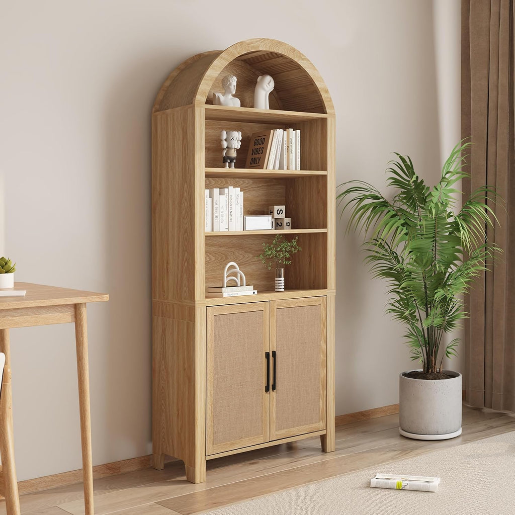 Janmer Home 71' Tall Arched Bookcase with Storage, Mid-Century Modern 6-Tier Curved Cabinet with Door, Arched Bookshelf Cabinet with Open Display Storage Shelf for Office Living Room (Natural)