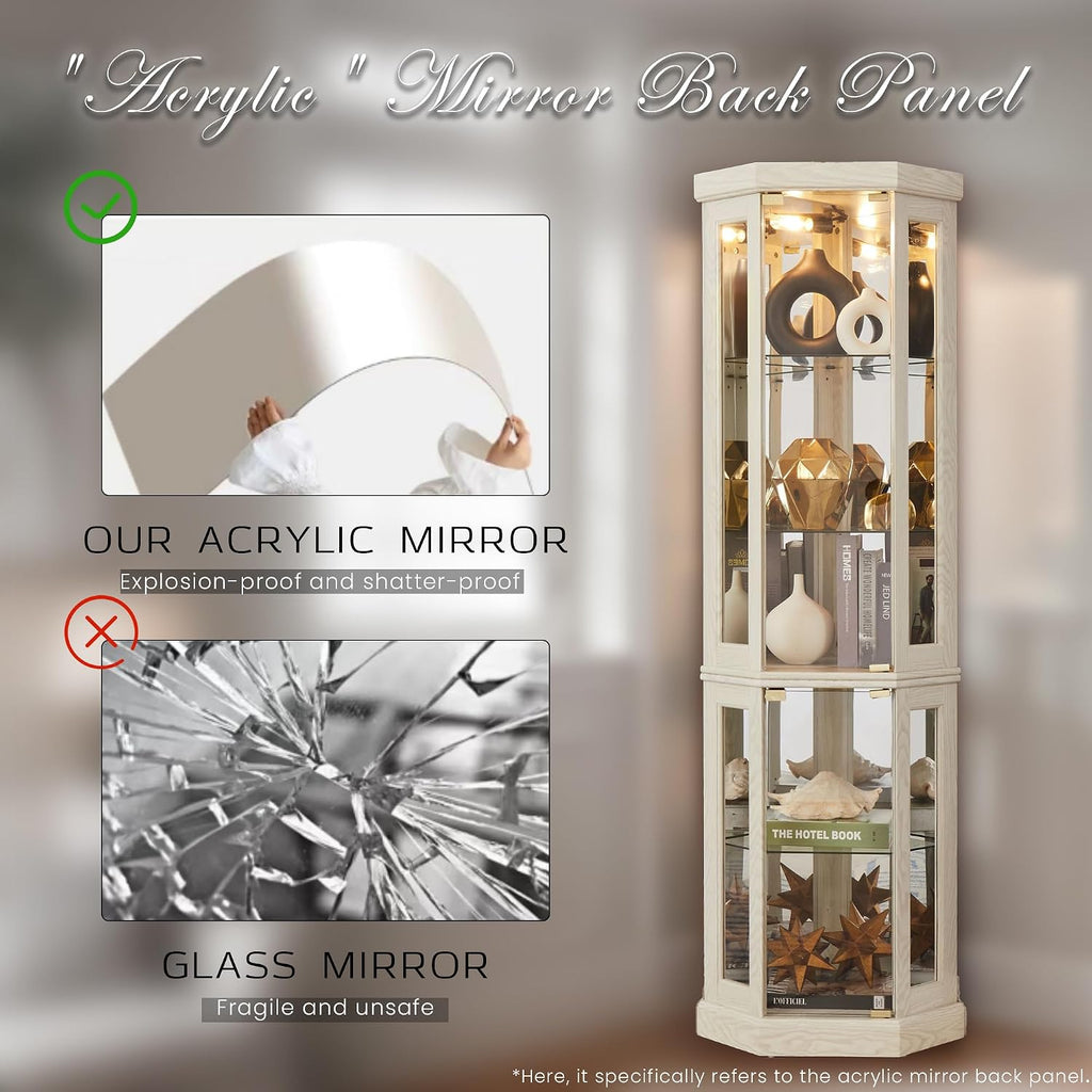 70' Lighted Corner Curio Cabinet, Curved Wood China Display Case with Tempered Glass Doors & Adjustable Shelves, Light Bulb Included, Tall Wine Storage Rack for Bar and Liquor Storage (White)