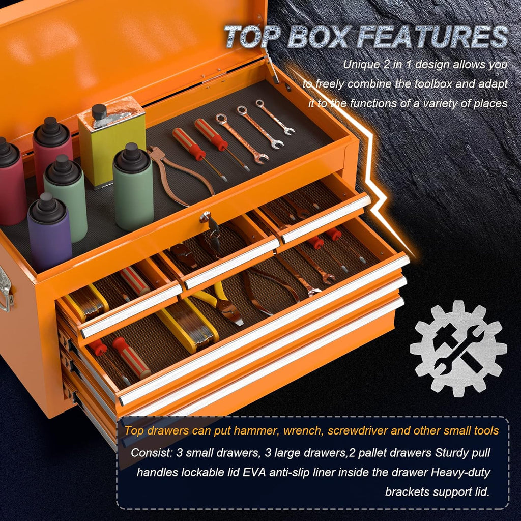Go Big 8-Drawers Tool Chest Tool Box, Rolling Tool Chest with Wheels, Rolling Tool Box with Wheels, Garage Tool Storage Cabinet on Wheels, Locking System Toolbox(Cool Orange)