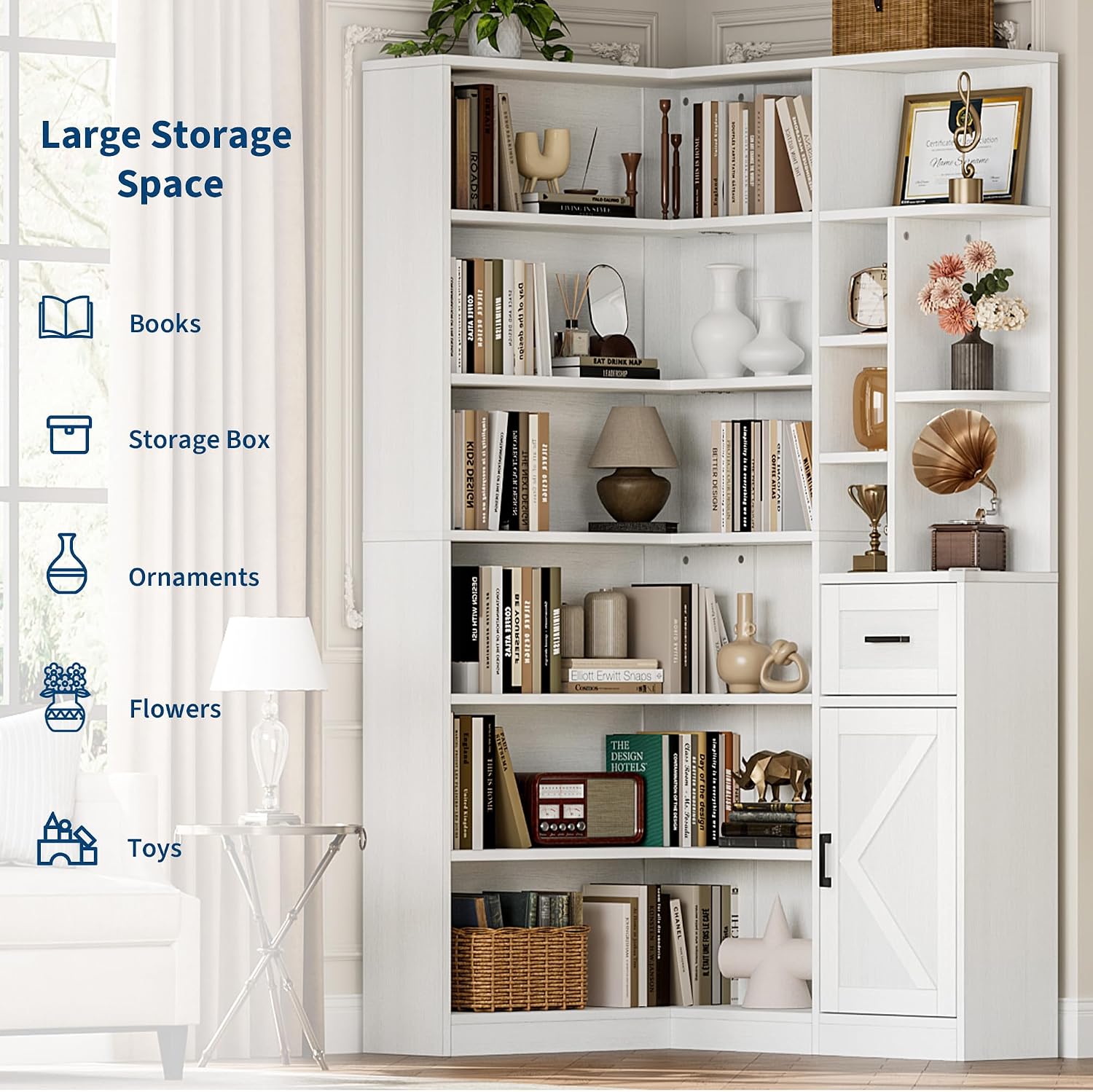 Garvee 74'' Tall Corner Bookshelf - 6-Tier Book Shelf with Drawer and Cabinets, l-Shaped Bookcase Open Storage Shelves Modern Display Shelf for Home, Office
