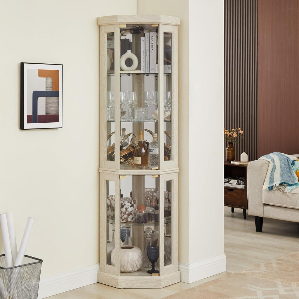 69' H Lighted Curio Cabinet Corner Display Case,Corner Glass Cabinet with Tempered Glass Door and Adjustable Shelves,Wooden Curio Case with Mirrored Back Pane (Style 2 - Antique White)