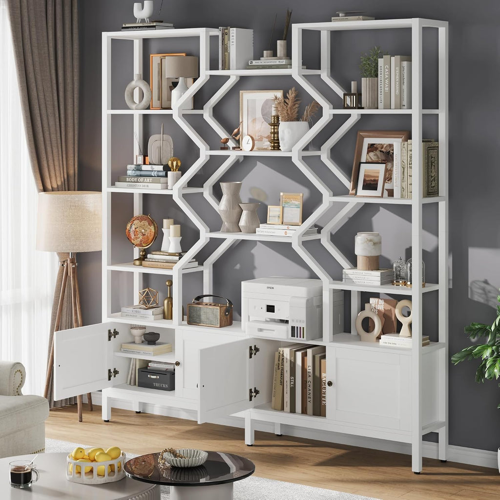 Keyluv Tall 5-Tier Bookshelf with 4 Large Storage Cabinet, 74.2' W x 76.5' H Etagere Bookcase 14 Open Display Standing Shelves with Metal Frame for Living Room, Dining Room, White