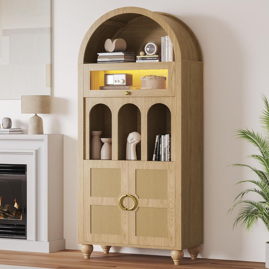 LIKIMIO 72.8' Tall Arched Cabinet, 5-Tier Bookshelf, LED Light Display Cabinet with Glass Doors, Rattan Storage Pantry with Adjustable Arch Shelf for Kitchen, Living Room, Office, Natural