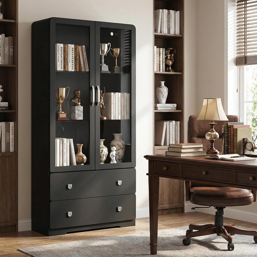RoyalCraft 64' Tall Display Cabinet with 2 Storage Drawers and Acrylic Doors, Wooden Frame Curio Cabinet with LED Lights, 3-Tier Adjustable Glass Display Case for Collectibles, Living Room, Black