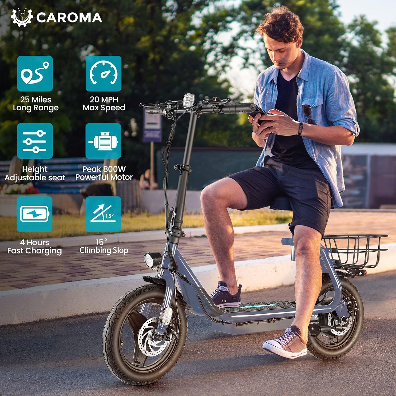 Caroma Electric Scooter with Seat for Adults, 1200W/800W Peak Motor, 30Miles Long Range & 20Mph, 14' Fat Tire Foldable E Scooter with Basket for Commuting, Grocery, Pets