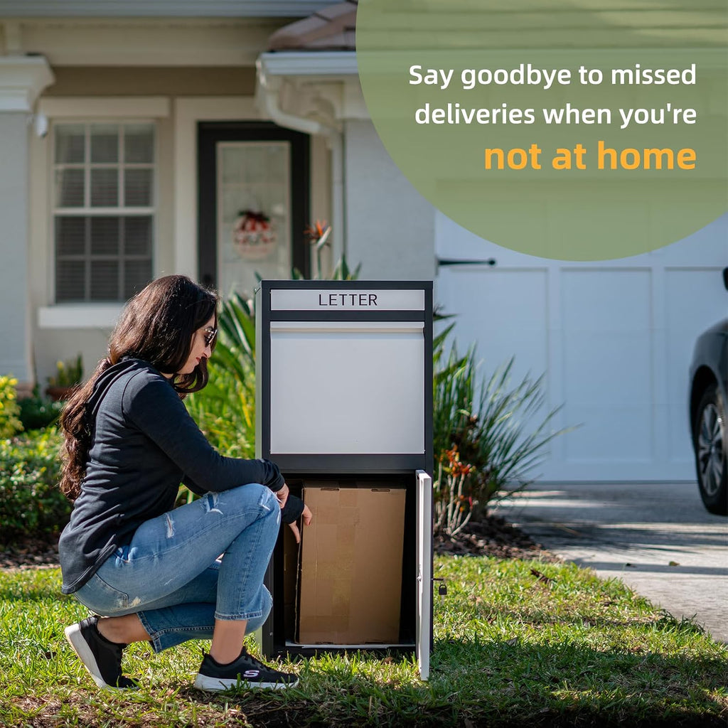 Package Delivery Boxes for Outside, Extra Large Capacity Modern Mailbox, Outdoor Freestanding Porch Box for Package (Black and White)