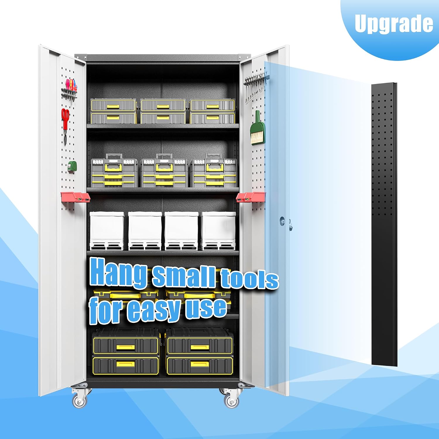 Upgraded Metal Storage Cabinet with Wheels, Lockable Rolling Garage Storage Cabinet with 2 Pegboard, Steel Garage Cabinets on Wheels with 4 Adjustable Shelves, White&Black