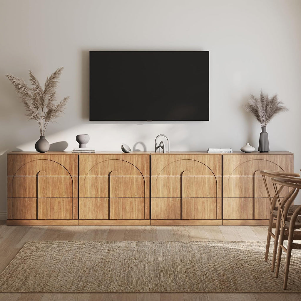 BELLEZE Sideboard Cabinet with 3 Drawers, Set of 4 Modern Wood Buffet Cabinet with Arc Design, Large Fluted Sideboard with Storage for Dining Room Living Room Entryway, Camel
