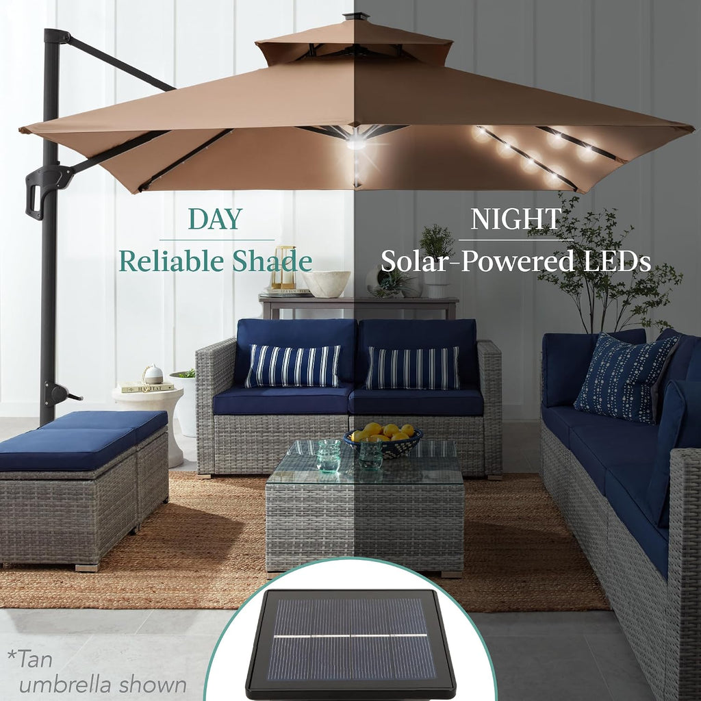 Best Choice Products 10x10ft Cantilever Patio Umbrella w/Base Included, Solar LED Lights 360 Rotation Large Offset Hanging Outdoor Shade for Deck Pool Backyard w/Stand – Baby Blue