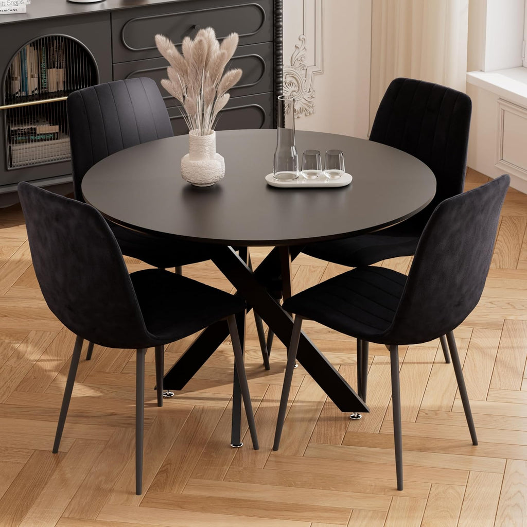 RGZ 36' Round Dining Table Set for 4, 5 PCS Modern Wooden Black Circle Kitchen Table with Steel Legs & 4 Black Velvet Upholstered Chairs for Dining Room, Living Room, Kitchen