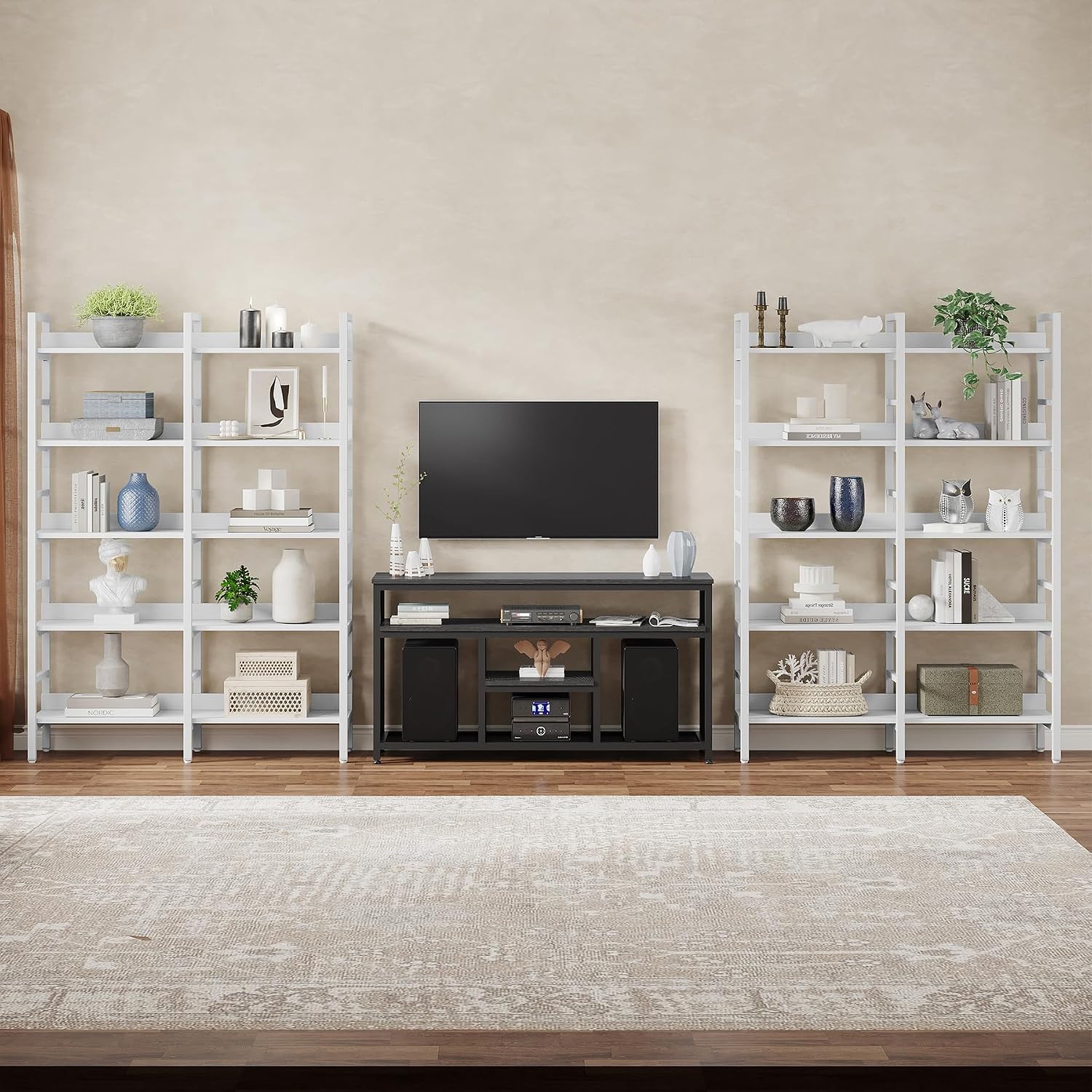 Tribesigns 5-Tier Industrial Bookshelf, 71'H x 47'W Etagere Bookcase, Freestanding Double Wide Book Shelf for Storage and Display, Wood and Metal Bookshelves for Living Room Home Office, White