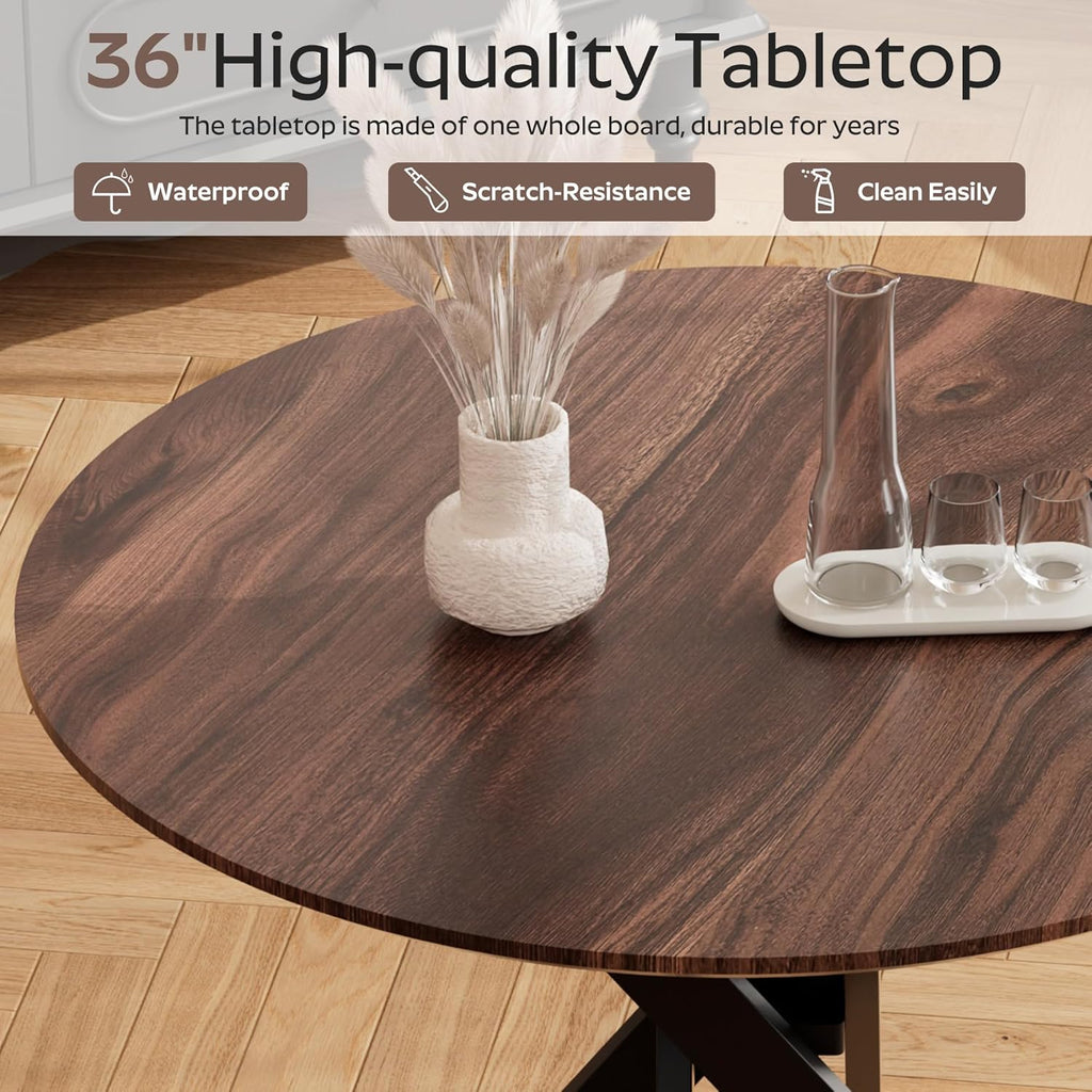 RGZ 36' Round Table Set for 4, 5 PCS Modern Wooden Circle Dining Table for 2-4, Walnut Round Dining Table with Steel Legs & 4 Black Velvet Upholstered Chairs for Dining Room, Living Room, Kitchen