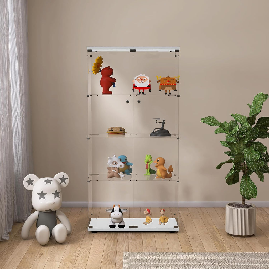 Modern 4-Tier Two-Door Glass Display Cabinet Shelves with Door Floor Standing Curio Glass Countertop Display Bookshelf for Living Room Bedroom Office
