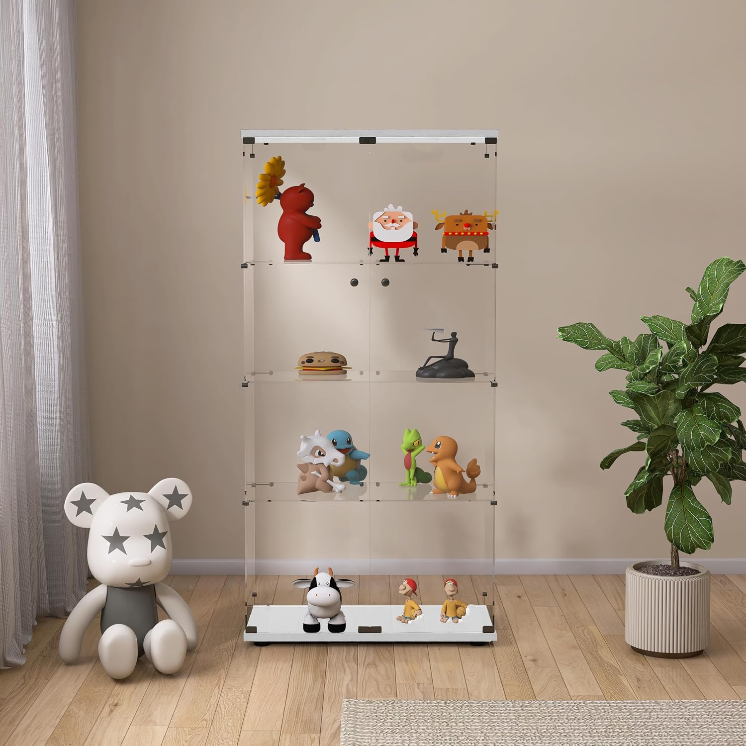 Modern 4-Tier Two-Door Glass Display Cabinet Shelves with Door Floor Standing Curio Glass Countertop Display Bookshelf for Living Room Bedroom Office