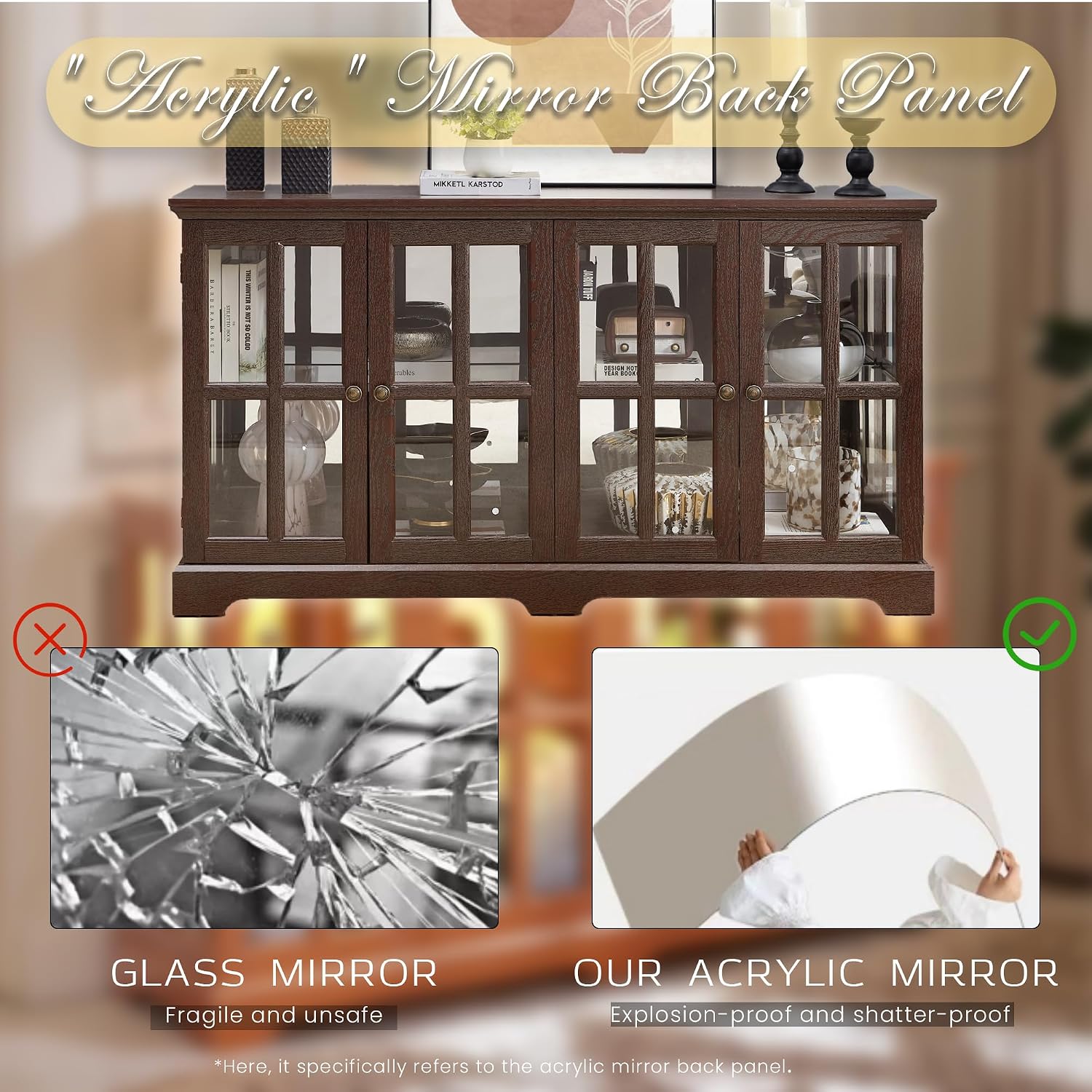 59' W LED Curio Cabinet with 7 Color Lights, Vintage Glass Display Case with Glass Doors, Smartphone-Controlled, Short Wooden China Cabinet with Adjustable Shelves for Entryway(Dark Cherry)