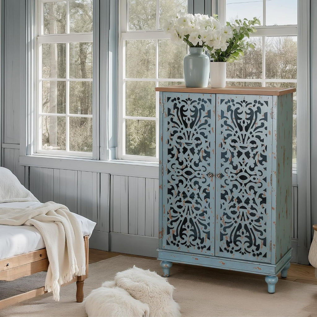 Sophia & William Tall Storage Cabinet 47.4', Decorative 2-Door Tall Accent Cabinet for Living Room, Dining Room, Blue