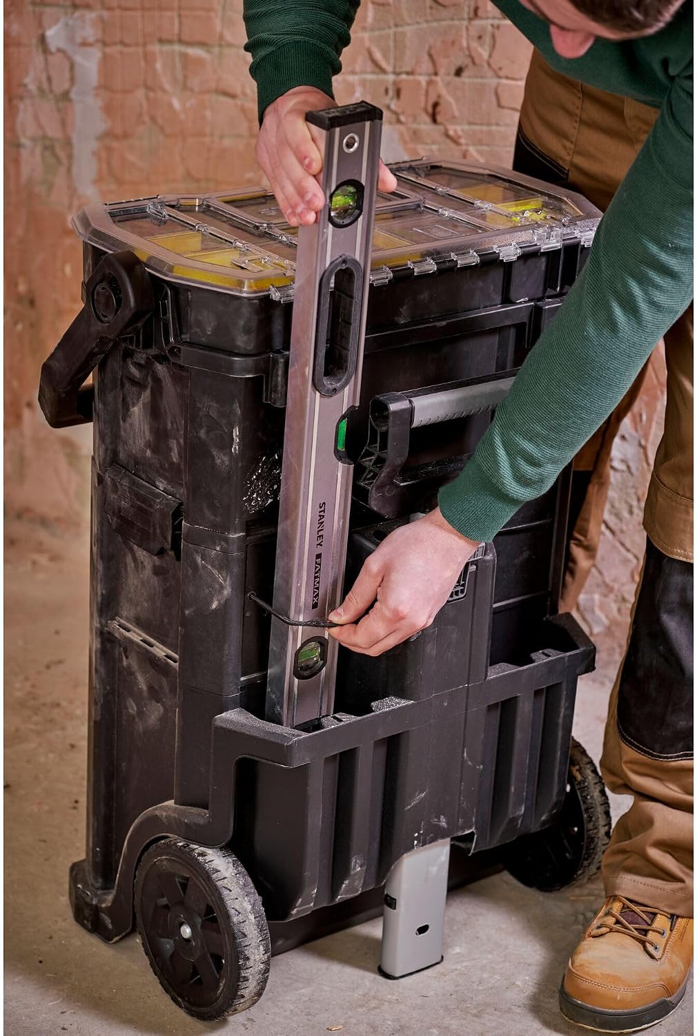 STANLEY 2-in-1 Rolling Workshop Tool Box Empty Tool Box (53 x 75.60 x 32 cm, Tool Carrier with Organiser Attachment, with Two Large Compartments, Telescopic Handle, Made of Robust Plastic) STST1-79231