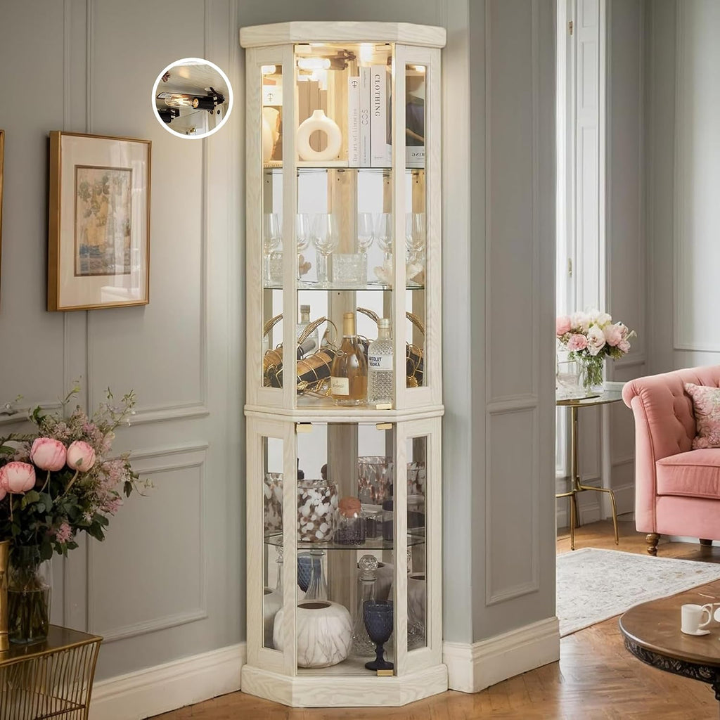 Corner Curio Cabinet, 70' H Lighted Glass Display Cage with Tempered Glass Doors and Adjustable Shelves, Bulb Inclued, Wine Bar China Cabinet for Living Room Liquor Storage (White)