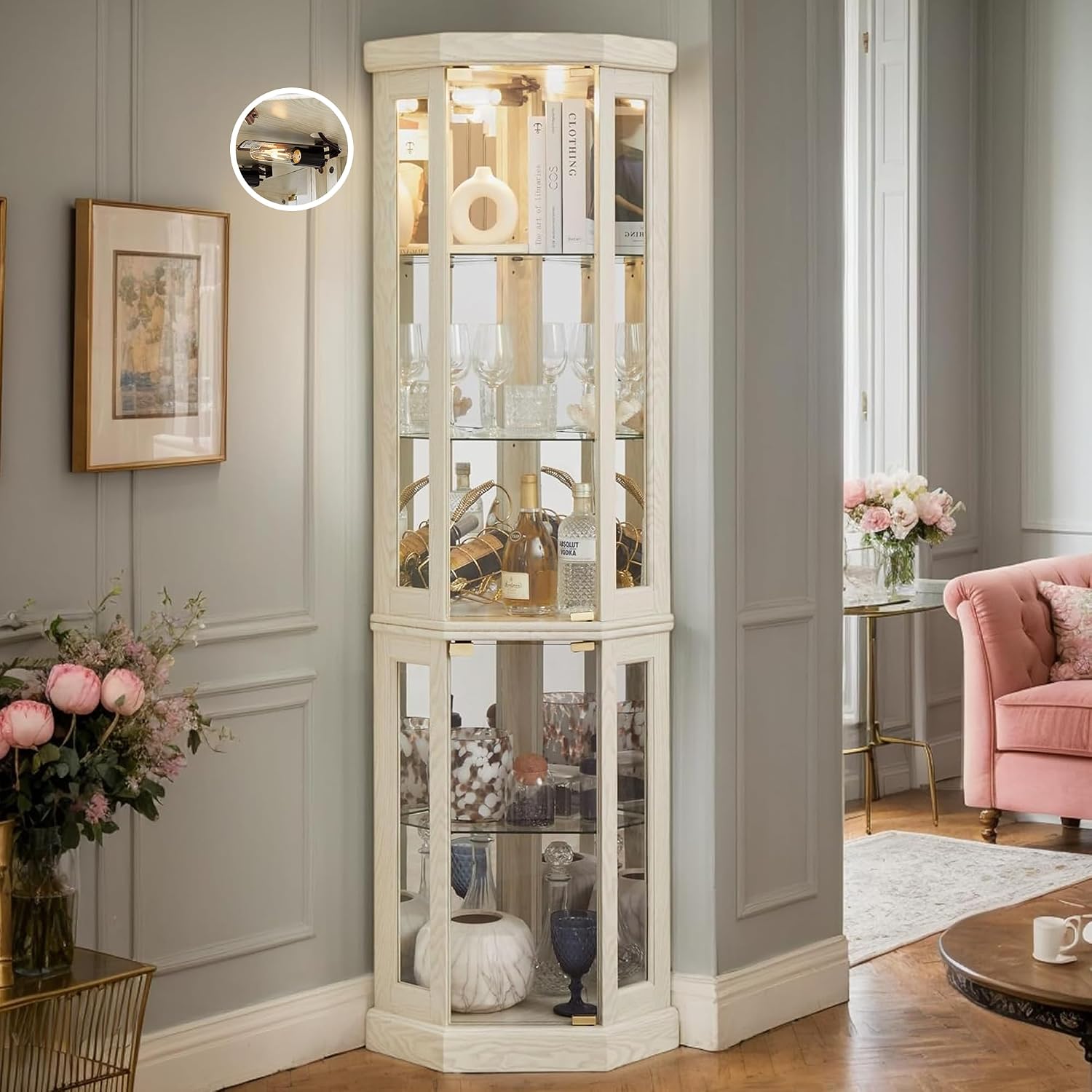 Corner Curio Cabinet, 70' H Lighted Glass Display Cage with Tempered Glass Doors and Adjustable Shelves, Bulb Inclued, Wine Bar China Cabinet for Living Room Liquor Storage (White)