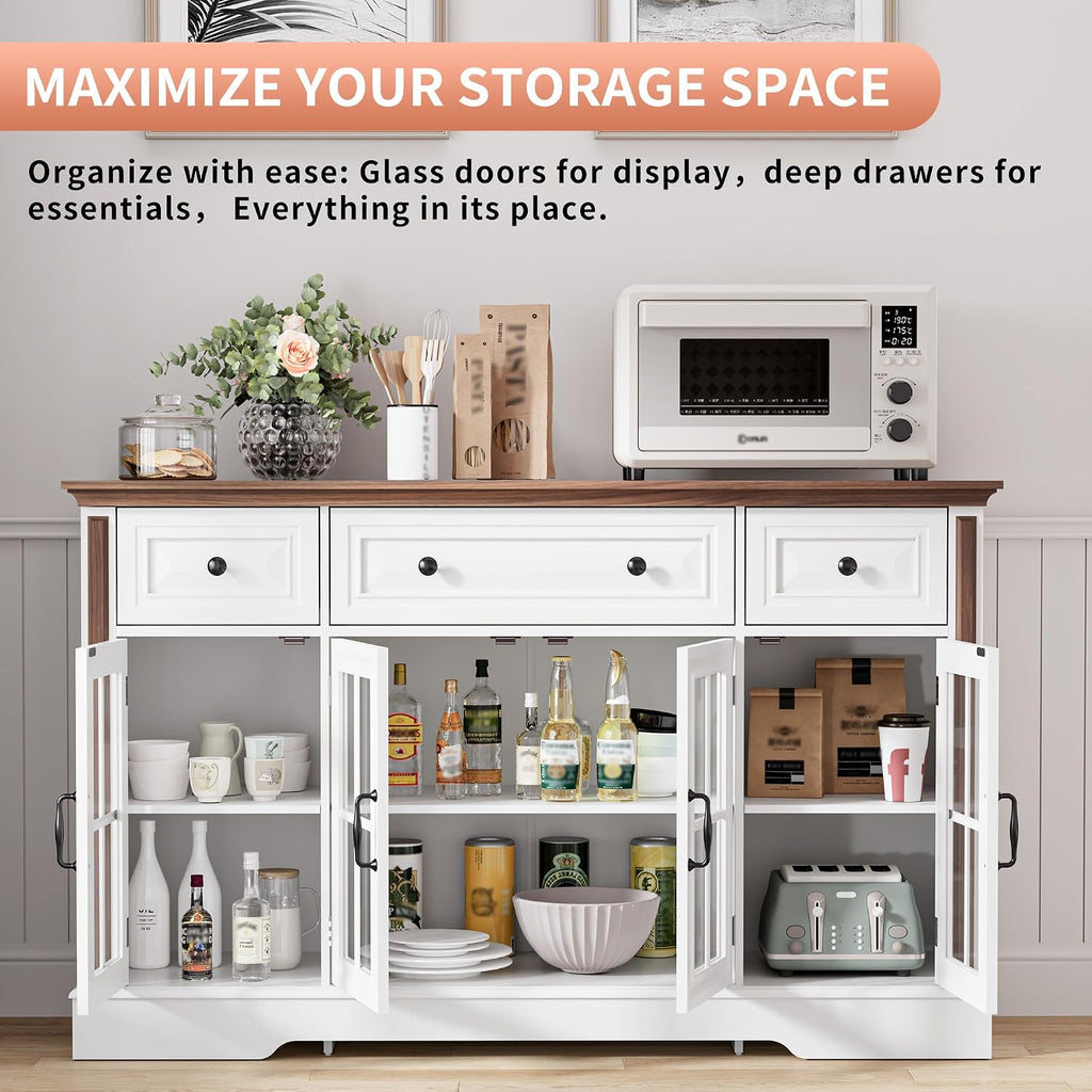 Sideboard Buffet Cabinet with Storage and Glass Doors,4-Door Cabinet with 3 Drawers,53.5' Farmhouse Modern Sideboard with Adjustable Shelves,Coffee Bar Cabinet for Kitchen & Dining Room,White
