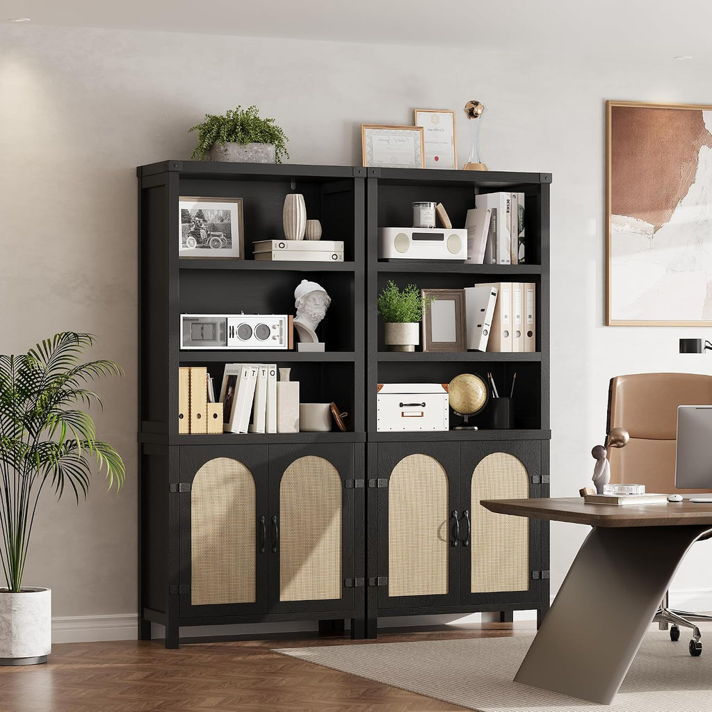 GarveeHome Bookshelf and Bookcase with Doors, 5 Tier Double Wide Large Bookshelves, Open Display Shelves, 70'' Tall Bookshelf with Storage Cabinets for Home Office, Living Room, Library, Black