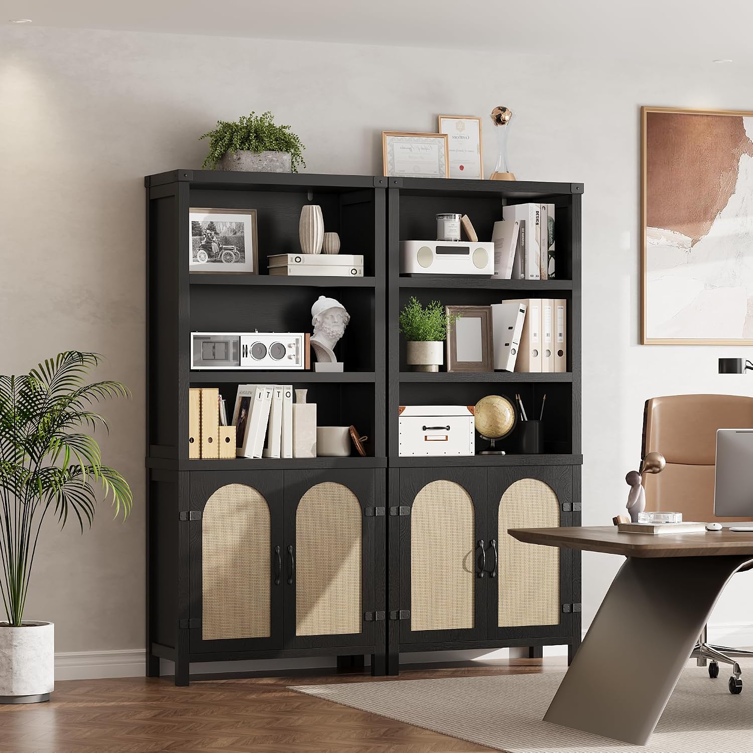 GarveeHome Bookshelf and Bookcase with Doors, 5 Tier Double Wide Large Bookshelves, Open Display Shelves, 70'' Tall Bookshelf with Storage Cabinets for Home Office, Living Room, Library, Black