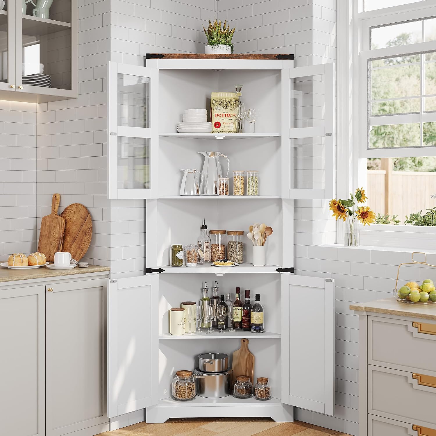 GarveeHome 67 in Tall Corner Storage Cabinet with Lights, Farmhouse Corner Hutch Display Cabinet with Glass Doors, Wooden Storage Organizer for Kitchen, Living Room, Bathroom, White