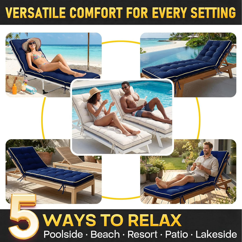 2 Pack 72x21 Inch Folding Chaise Lounge Cushion Quick Dry - Outdoor Sun Lounger Seat Pad with Shredded Foam for Patio Furniture, Deck Chairs, Poolside (Blue, 72 INCH × 21 INCH-2 Pack)