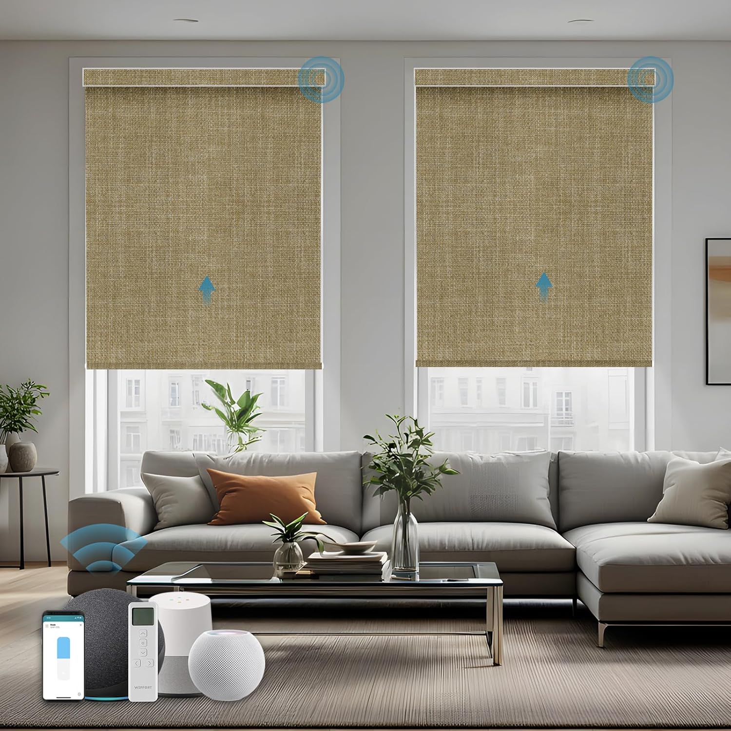 Motorized Roller Shade, 100% Blackout Smart Window Blinds Work with Homekit, Alexa, Google Home, Remote Control, Electric Blinds with USB/Solar Pannel Charging, Gentle Wheat