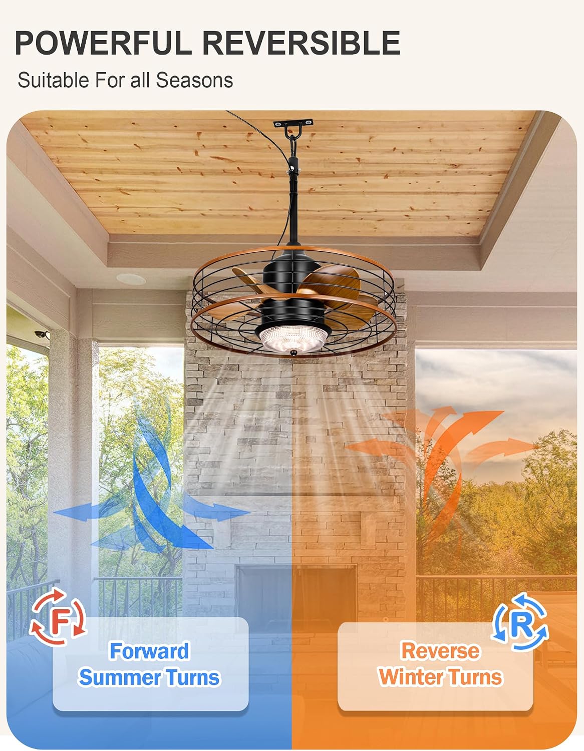 Dawn Whisper 20' Outdoor Ceiling Fans with Lights Gazebo Fan Waterproof for Patio Hanging with Plug In Cord Caged Ceiling Fans for Pergola Porch