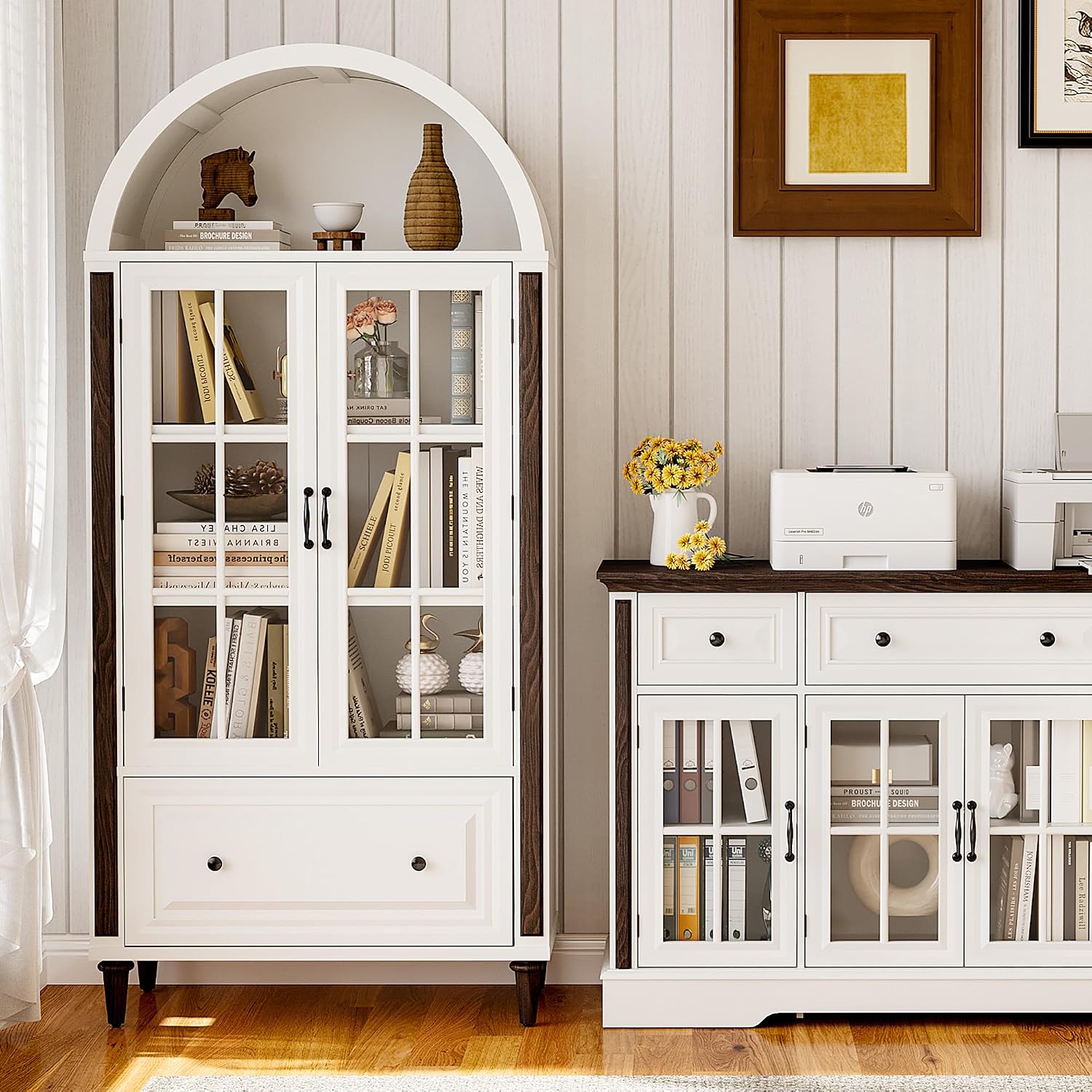 71' Handcrafted Arched Bookcase, Filing Cabinet for Home Office, Wooden Display Cabinet with Glass Doors and Adjustable Shelves for Living Room, Dining Area, and Office, White