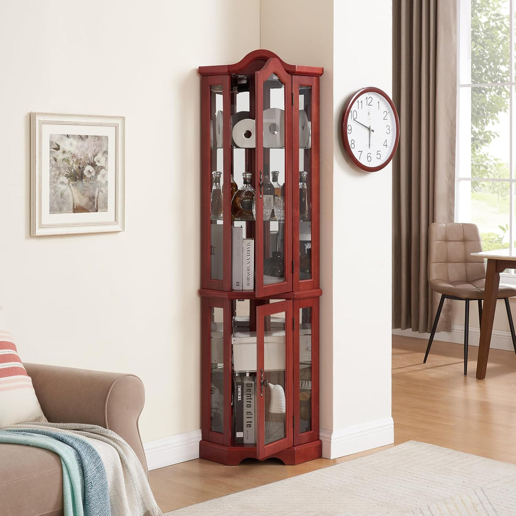 70' H Lighted Curio Cabinet Corner Display Case, Corner Glass Case w/Tempered Glass Door & Adjustable Shelves, Carved Crown Decoration Wooden Cabinet w/Mirrored Back Pane (Cherry)
