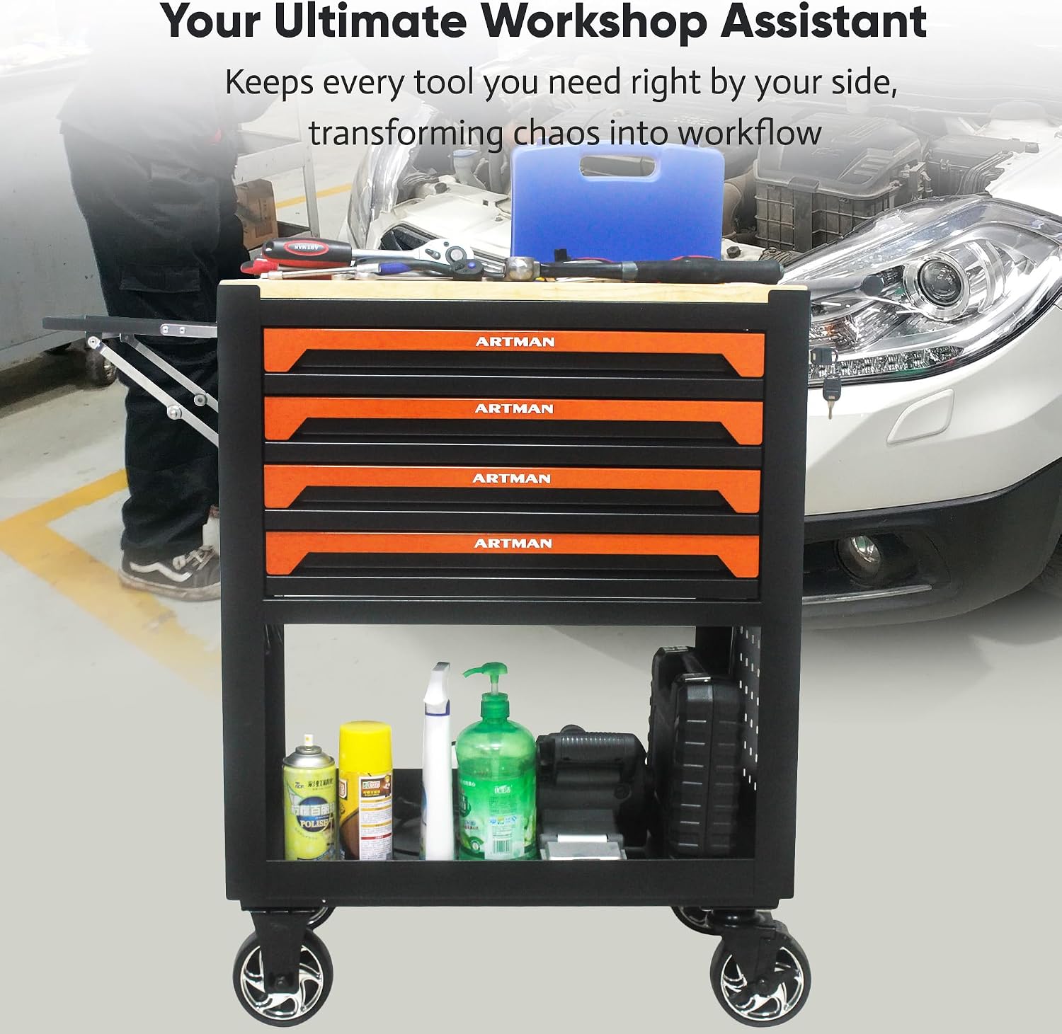 JOYBASE Rolling Tool Chest with 4 Drawers & Wood Top, Heavy Duty Steel Tool Cart on Wheels, Mobile Garage Organizer & Storage Cabinet for Workshop & Mechanic (Black & Orange)