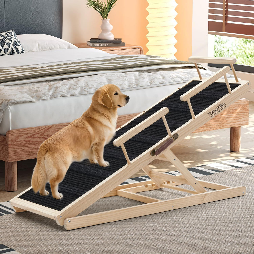 Dog Ramp for Bed - 52.9' Long Adjustable 12' to 28' Wooden Pet Ramp for Small Large Older Dogs - Dog Ramps for High Beds Couch Car - Dog Steps with High Traction Mat & Safety Side Rails Up to 250LB