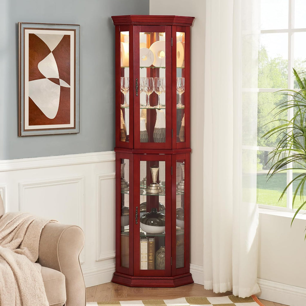 Ball & Cast 70' H Lighted Corner Curio Cabinet, Glass Display Cabinet with 6 Tempered Adjustable Glass Shelves and Doors,Include Light Bulb, Rack for Living Room,Cherry
